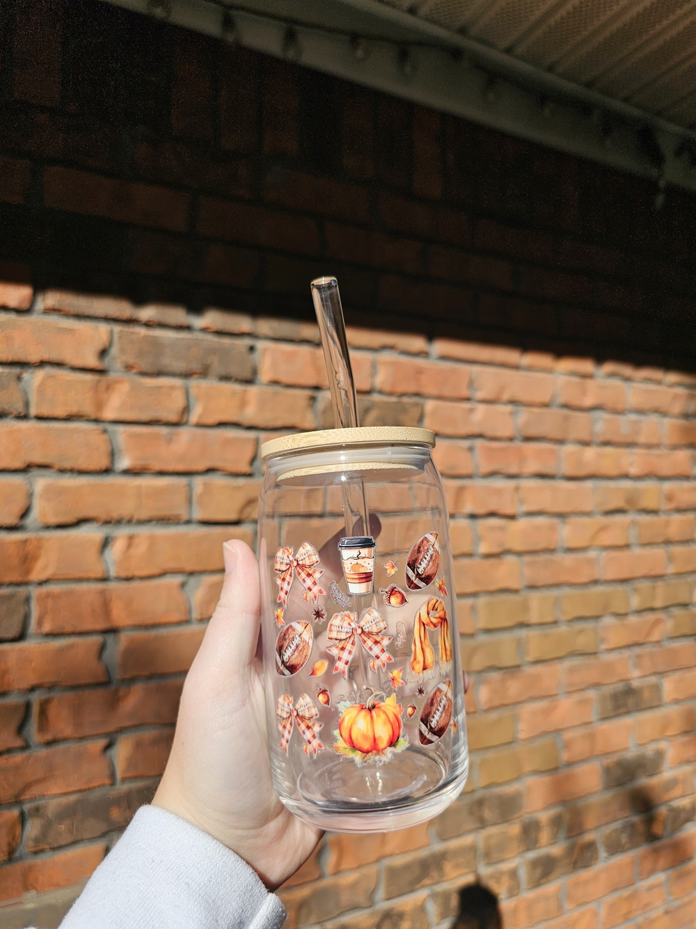 Clear Fall Tumbler with Straw - Pumpkin & Plaid
